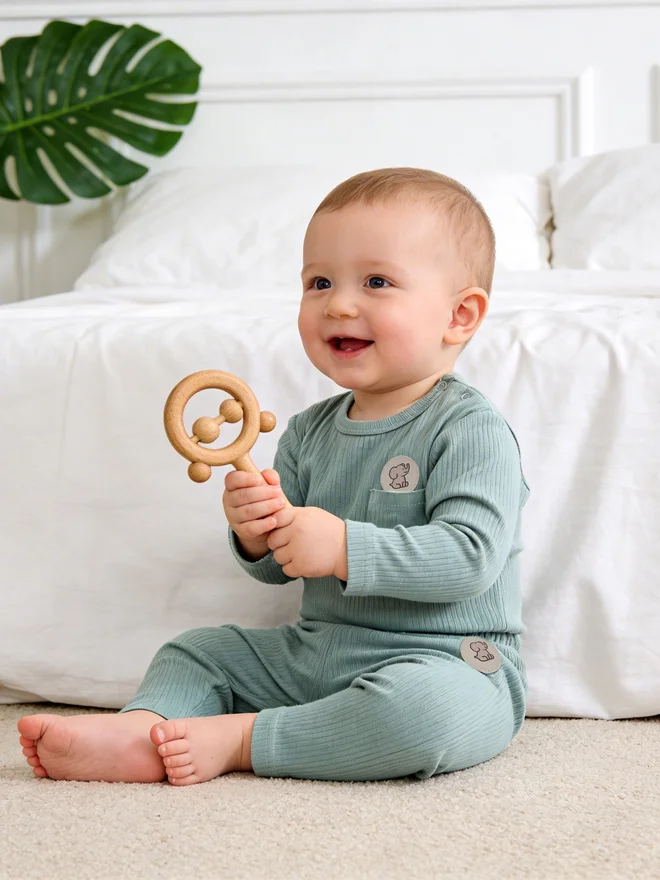 بابيز_بيسك Babies Basic Premium Ribbed Cotton Long Sleeves Top and Bottom Set