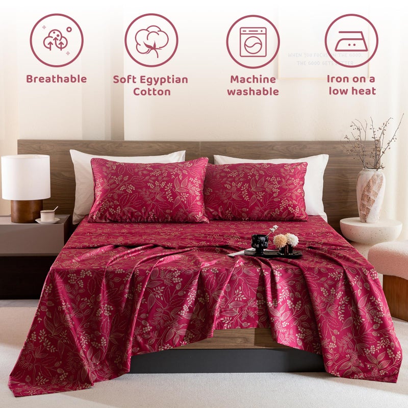 QSH Floral King Size Sheet Sets - 100% Egyptian Cotton Floral Bedding Sheets Red Flower Pattern Botanical Printed Bedding King Size Bed Sheets 17.5" Extra Deep Pocket 4pcs - Image 3