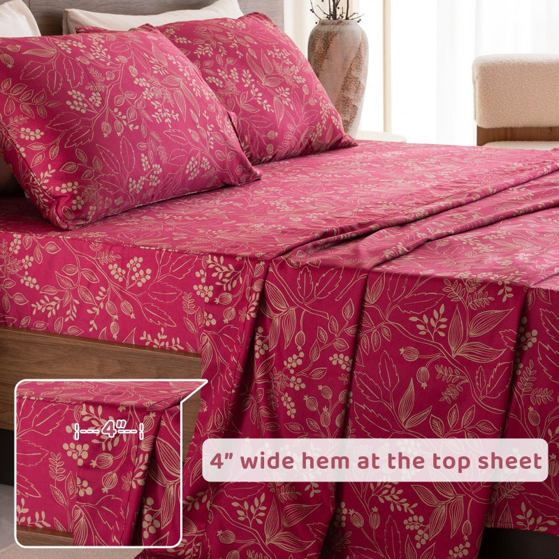 QSH Floral King Size Sheet Sets - 100% Egyptian Cotton Floral Bedding Sheets Red Flower Pattern Botanical Printed Bedding King Size Bed Sheets 17.5" Extra Deep Pocket 4pcs - Image 5