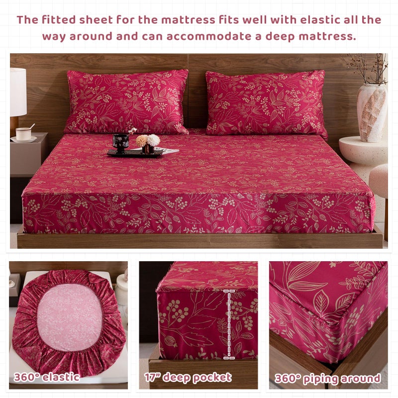 QSH Floral King Size Sheet Sets - 100% Egyptian Cotton Floral Bedding Sheets Red Flower Pattern Botanical Printed Bedding King Size Bed Sheets 17.5" Extra Deep Pocket 4pcs - Image 4