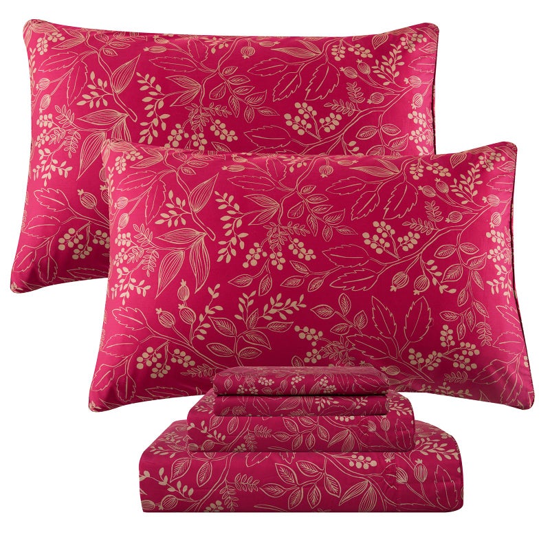 QSH Floral King Size Sheet Sets - 100% Egyptian Cotton Floral Bedding Sheets Red Flower Pattern Botanical Printed Bedding King Size Bed Sheets 17.5" Extra Deep Pocket 4pcs - Image 1