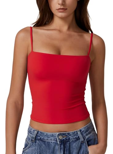 QINSEN Camisole Tops for Women Sleeveless Crop Top Adjustable Spaghetti Strap Basic Undershirt Red S - Image 1