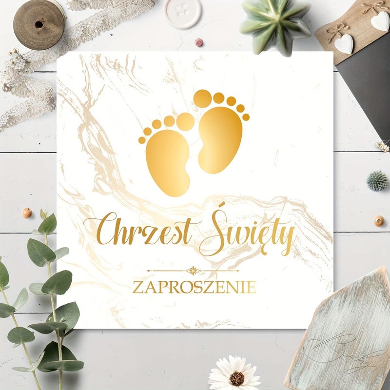 16pcs Polish Baptism Invitations Elegant White Gold Marble Footprint Design - Image 4