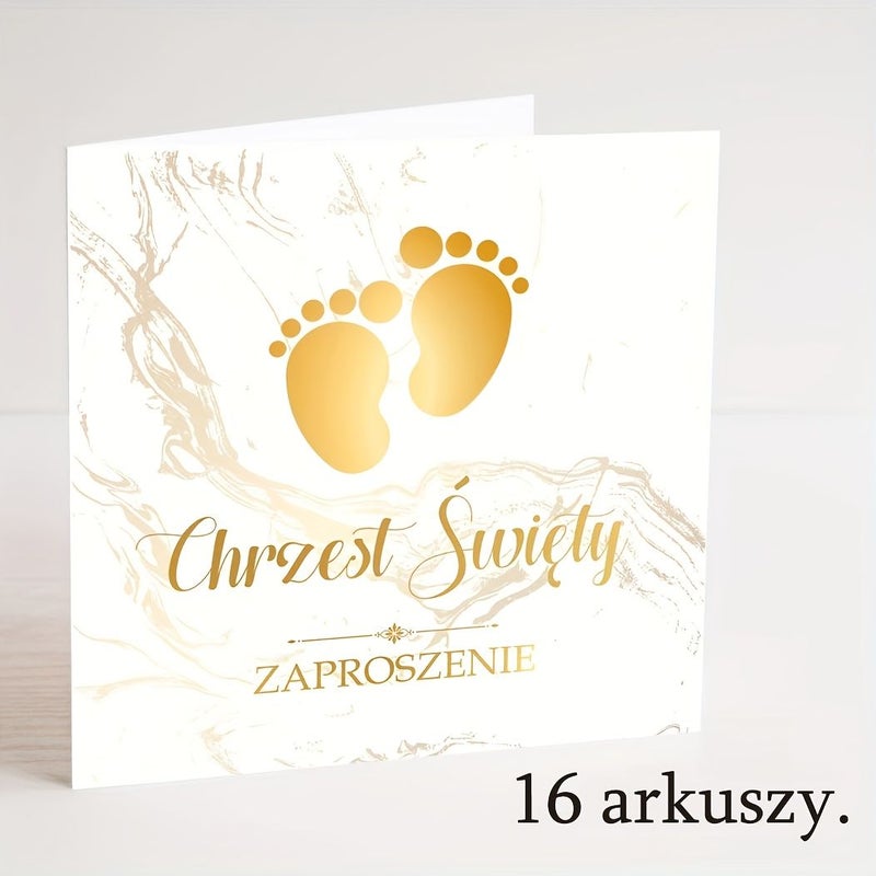 16pcs Polish Baptism Invitations Elegant White Gold Marble Footprint Design - Image 2