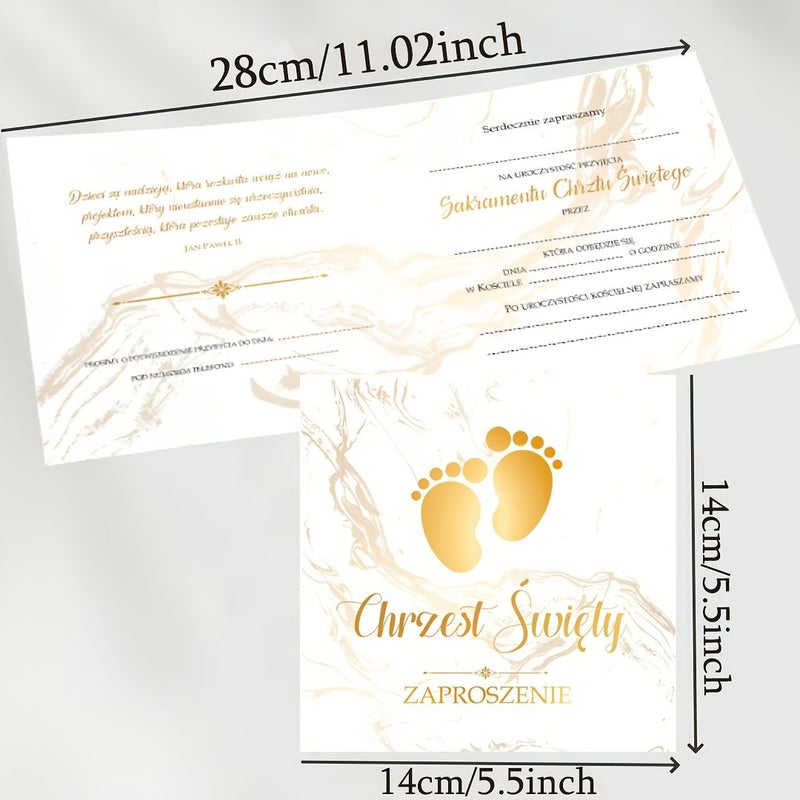 16pcs Polish Baptism Invitations Elegant White Gold Marble Footprint Design - Image 3