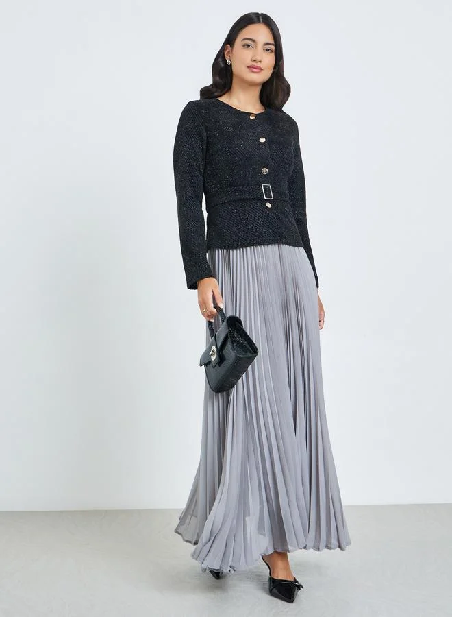 Black Tweed Pleated A-Line Maxi Dress with Belt