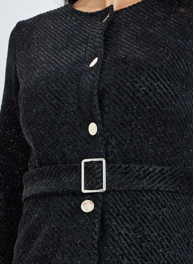 Styli  Black Tweed Pleated A-Line Maxi Dress with Belt for Women | Best Price UAE