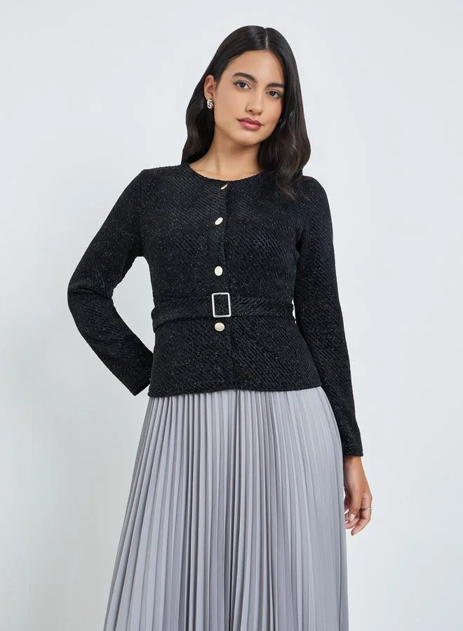 Styli  Black Tweed Pleated A-Line Maxi Dress with Belt for Women | Best Price UAE