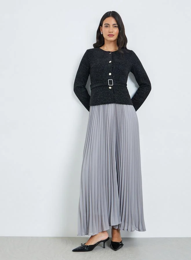 Styli  Black Tweed Pleated A-Line Maxi Dress with Belt for Women | Best Price UAE