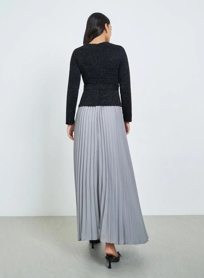 Styli  Black Tweed Pleated A-Line Maxi Dress with Belt for Women | Best Price UAE
