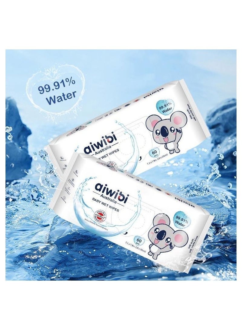 aiwibi 99.91% Pure Water Premium Baby Wet Wipes Pack of 2 X 60 Sheets -120 Wipes - Image 1