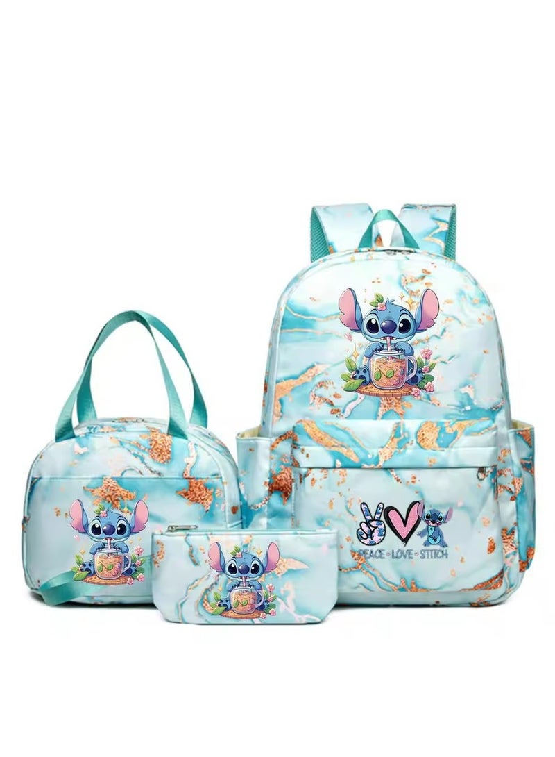 Stitch Golden Quicksand Texture Schoolbag Waterproof Primary and Secondary School Student Backpack Youth Travel Backpack 31*43*15CM + Lunch Bag 27*20*20CM + Pencil Case Three-piece Set