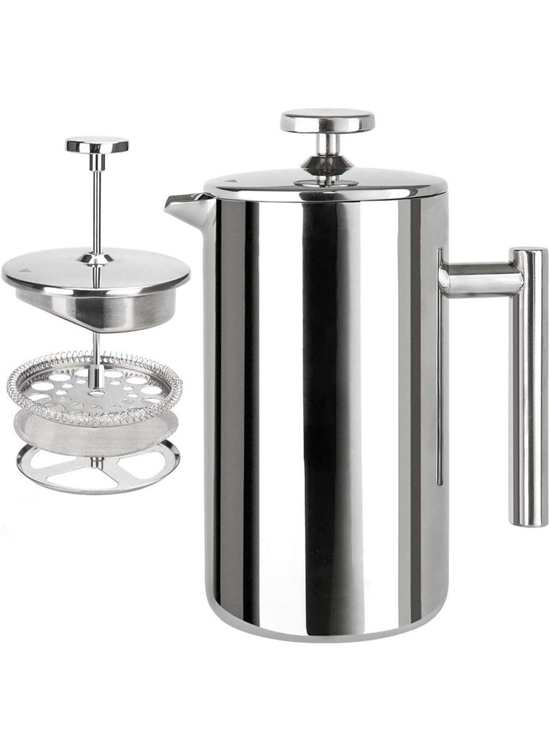 U-HOOME French Press Coffee Maker Double-Wall Metal Insulated Coffee Tea Makers with 4 Level Filtration System Rust-Free, Dishwasher Safe 700 ML - Image 1