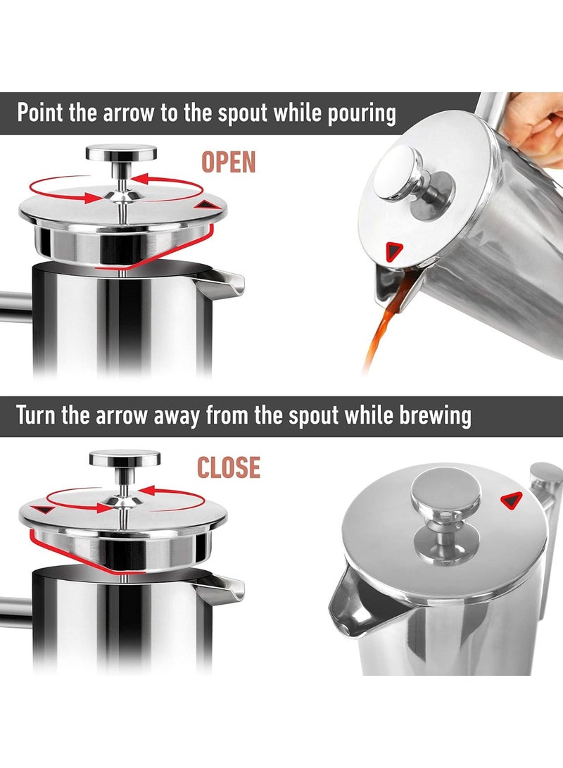 U-HOOME French Press Coffee Maker Double-Wall Metal Insulated Coffee Tea Makers with 4 Level Filtration System Rust-Free, Dishwasher Safe 700 ML - Image 3