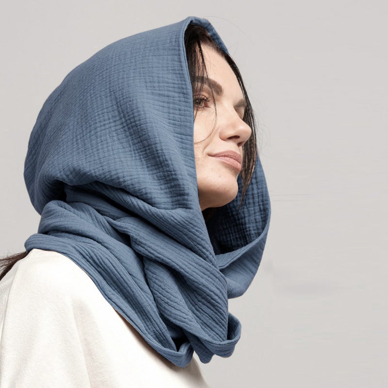 New Cotton Crepe Scarf Hooded Retro Fashion Decorative Warm Scarf Hat - Image 3