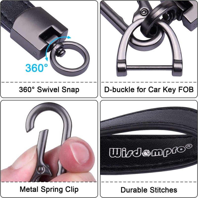 Wisdompro Genuine Leather Car Keychain with Carabiner Clip and 3 Keyrings - Black - Image 3