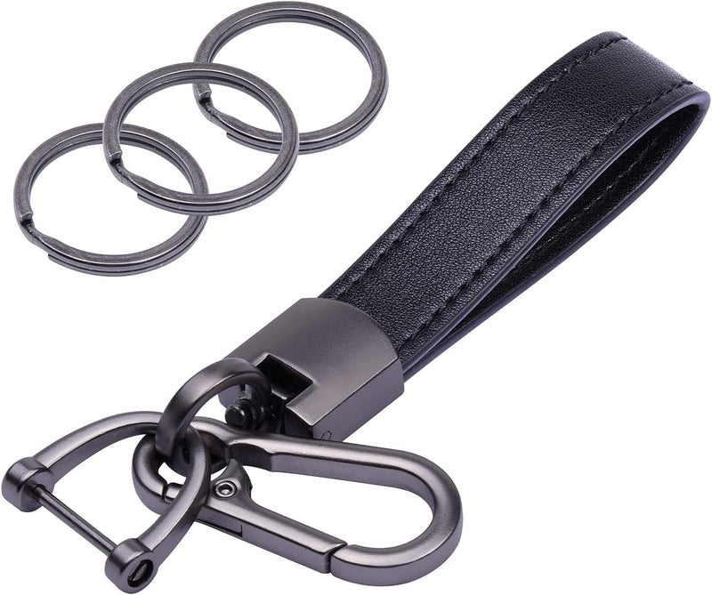 Wisdompro Genuine Leather Car Keychain with Carabiner Clip and 3 Keyrings - Black - Image 1