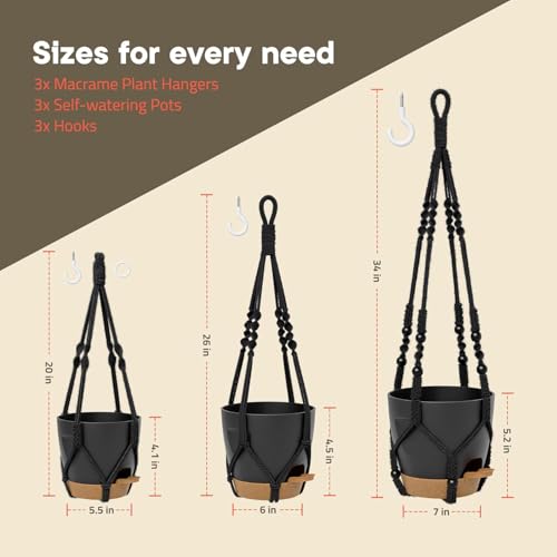 Campior Black Hanging Self Watering Pots with Macrame Black Rope, 3 Pack Indoor & Outdoor Hanging Plant Pots with Built-in Reservoir, Wick Rope, Drainage Holes & Hooks, Stylish Boho Decor Hanging Planter - Image 3