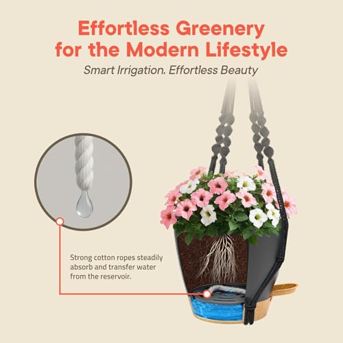 Campior Black Hanging Self Watering Pots with Macrame Black Rope, 3 Pack Indoor & Outdoor Hanging Plant Pots with Built-in Reservoir, Wick Rope, Drainage Holes & Hooks, Stylish Boho Decor Hanging Planter - Image 5