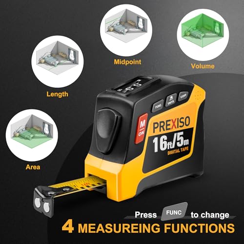 PREXISO 2-in-1 Digital Tape Measure - 16Ft Rechargeable Measuring Tape Ruler Ft/Ft+in/in/M/CM/MM Unit - Metric & Inches Retractable Measurement Tape Tool with Magnetic Tip - Pythagorean, Area, Volume - Image 5