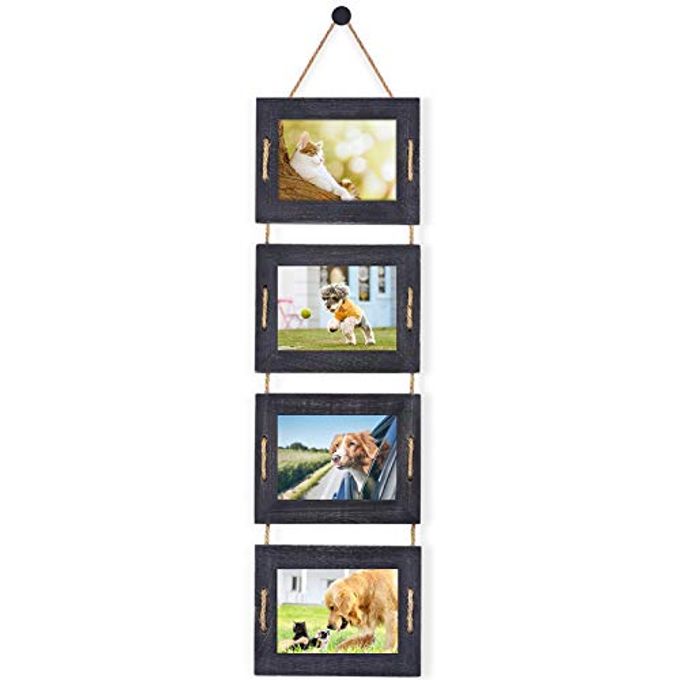 DLQuarts 5x7 Hanging Picture Frames Collage Wall Decor, 4-Opening, 3.5x5 With Mat or 5x7 Without Mat, Rustic Solid Wood Multi Picture Frames for Family, 1 Pack, Weathered Black - Image 1