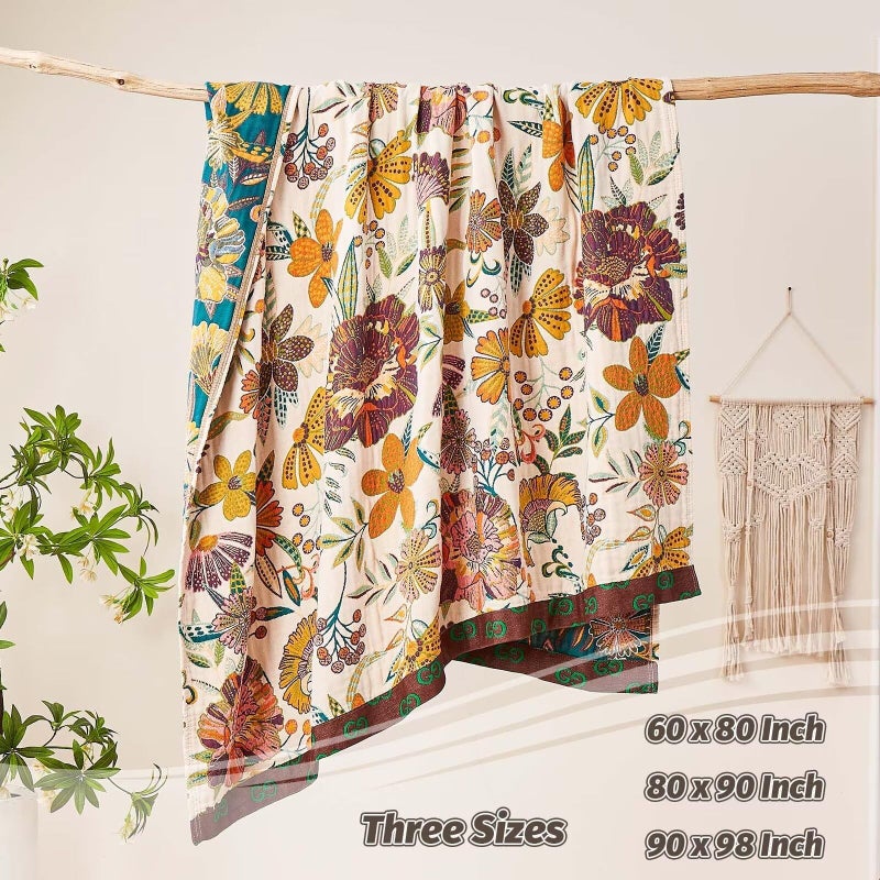 XIBLC بطانية رمي بوهو من XIBLC 100% قطن فاخرة فائقة النعومة لحاف ريفي 80"x90" مزخرفة بالزهور ديكور مزرعة بطانيات صيفية لجميع المواسم بطانية بوhemian قابلة للعكس للسرير - أبيض - Image 3