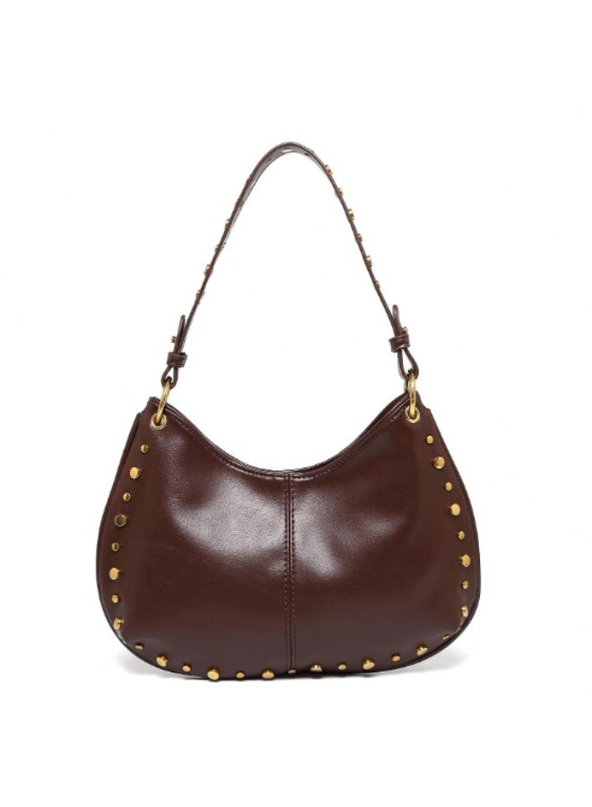 Women's Street Punk Studded Adjustable Shoulder Crossbody Saddle Bag, Fashion Handbag with Chain Strap - Image 1
