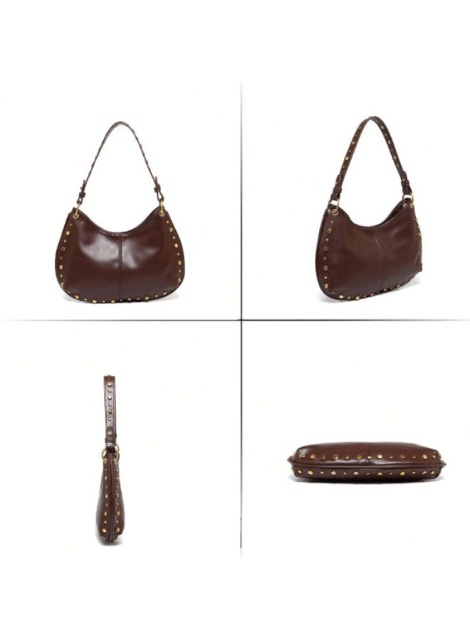 Women's Street Punk Studded Adjustable Shoulder Crossbody Saddle Bag, Fashion Handbag with Chain Strap - Image 5
