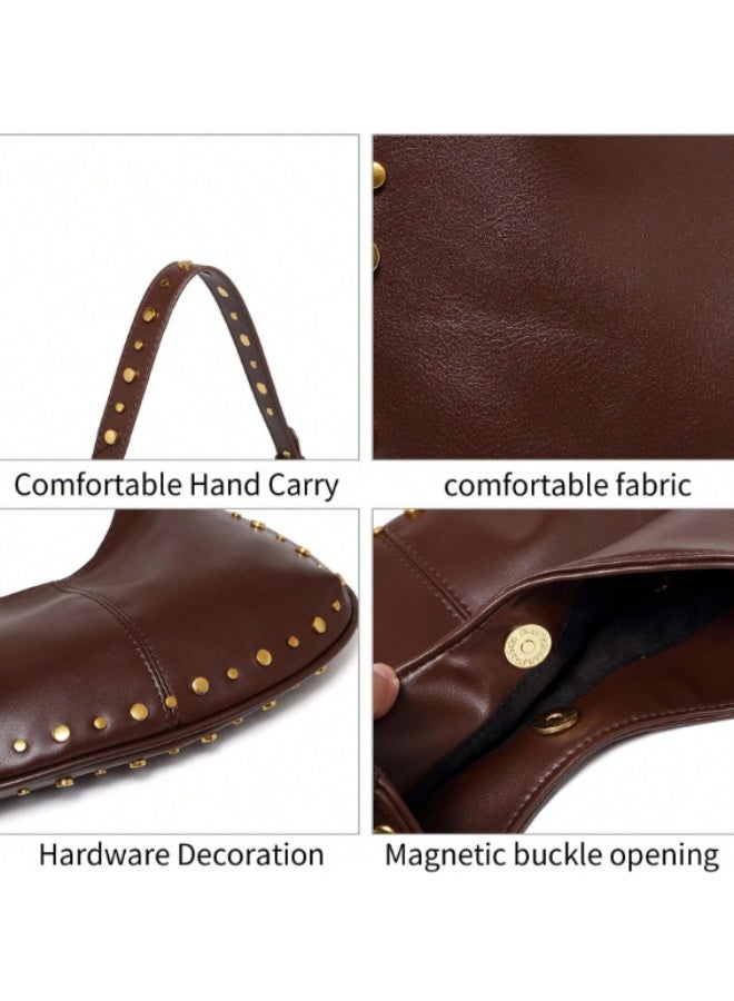 Women's Street Punk Studded Adjustable Shoulder Crossbody Saddle Bag, Fashion Handbag with Chain Strap - Image 4
