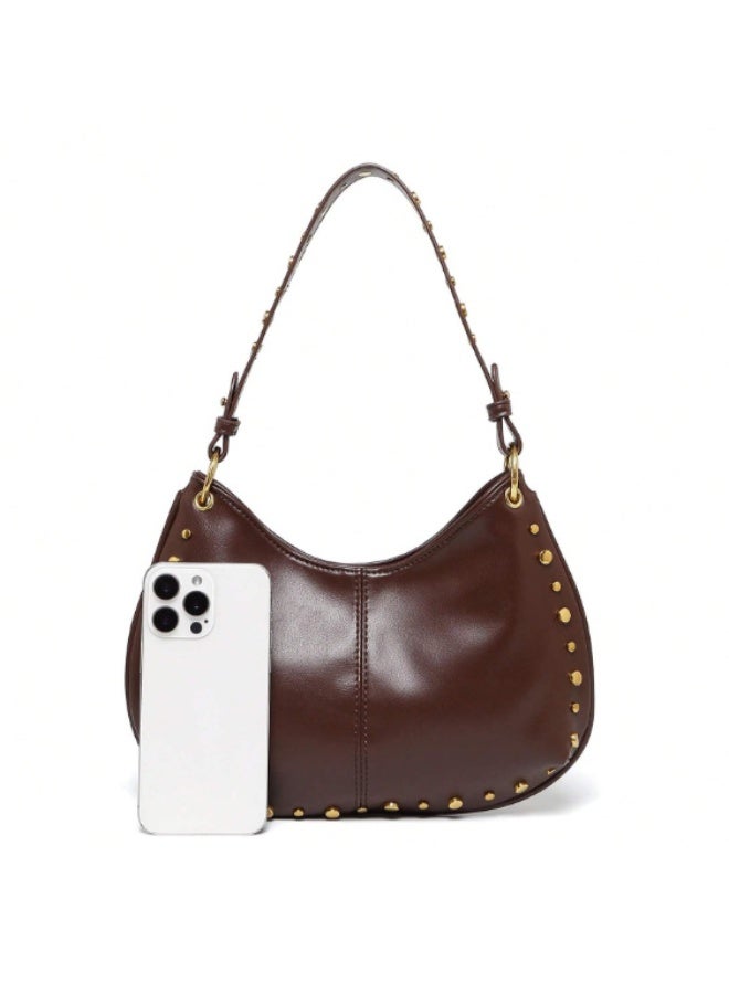 Women's Street Punk Studded Adjustable Shoulder Crossbody Saddle Bag, Fashion Handbag with Chain Strap - Image 2