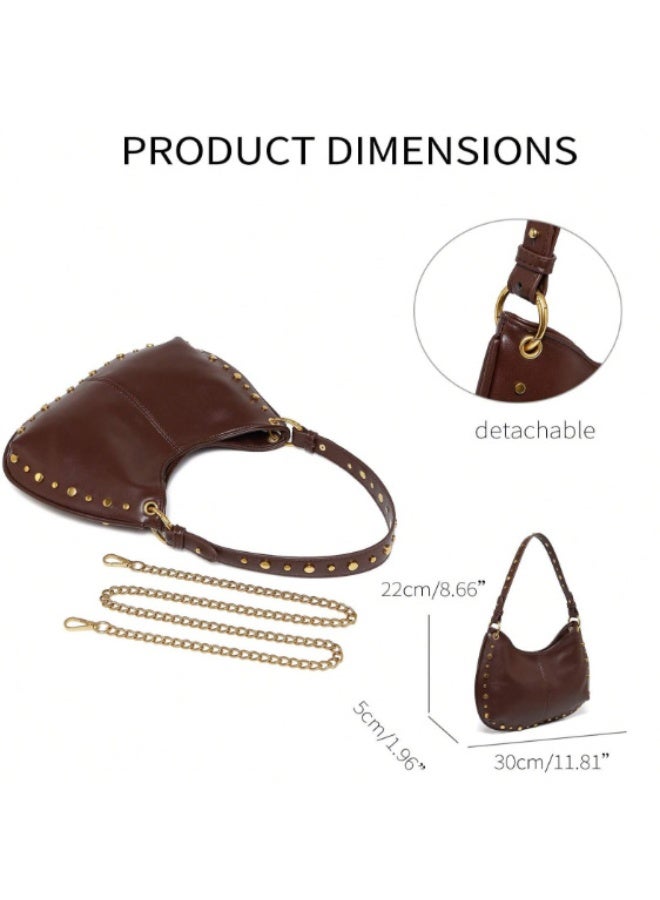 Women's Street Punk Studded Adjustable Shoulder Crossbody Saddle Bag, Fashion Handbag with Chain Strap - Image 3