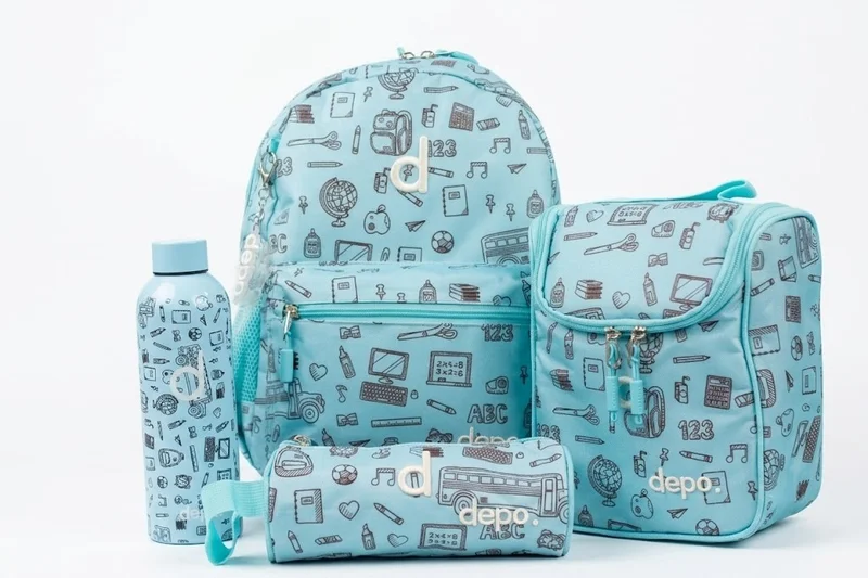 Depo DEPO 4-Piece School Set for Kids – 35.5 cm Light Blue School Pattern Backpack with Insulated Lunch Bag, Matching Pencil Case & 500ml Stainless Steel Water Bottle