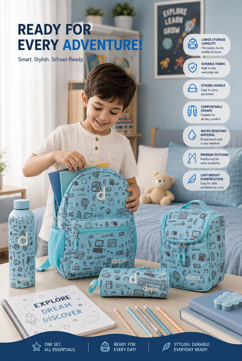 Depo DEPO 4-Piece School Set for Kids – 35.5 cm Light Blue School Pattern Backpack with Insulated Lunch Bag, Matching Pencil Case & 500ml Stainless Steel Water Bottle