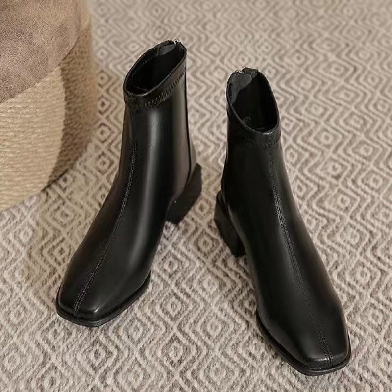 True Soft Leather Boots Womens Winter fleece-lined Square Head Thick Heel High Heel Warm Short Boots Womens 2024 Autumn and Winter New Thin Boots Black single style