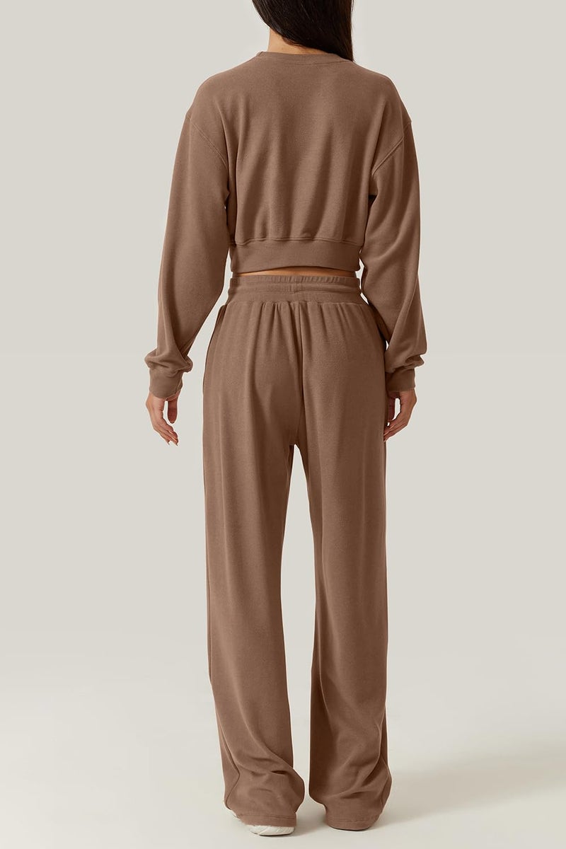 QINSEN Women 2 Piece Outfits Sweatsuit Set Twist Front Cropped Sweatshirt Wide Leg Sweatpant Lounge Set Tracksuit Caramel S - Image 2