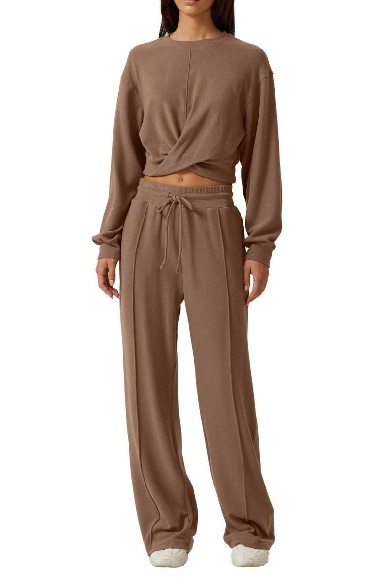 QINSEN Women 2 Piece Outfits Sweatsuit Set Twist Front Cropped Sweatshirt Wide Leg Sweatpant Lounge Set Tracksuit Caramel S - Image 1