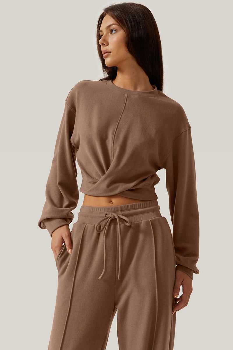 QINSEN Women 2 Piece Outfits Sweatsuit Set Twist Front Cropped Sweatshirt Wide Leg Sweatpant Lounge Set Tracksuit Caramel S - Image 5