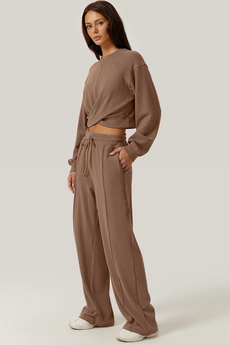 QINSEN Women 2 Piece Outfits Sweatsuit Set Twist Front Cropped Sweatshirt Wide Leg Sweatpant Lounge Set Tracksuit Caramel S - Image 4