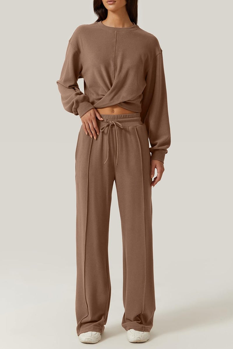 QINSEN Women 2 Piece Outfits Sweatsuit Set Twist Front Cropped Sweatshirt Wide Leg Sweatpant Lounge Set Tracksuit Caramel S - Image 3