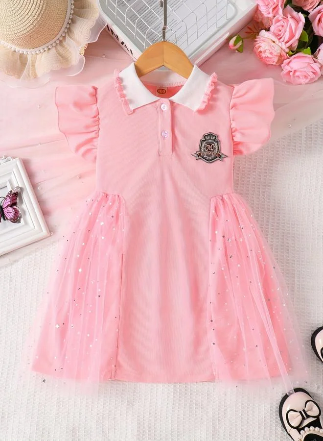Take Two Girls Frill Sleeve Mesh Dress with Patchwork