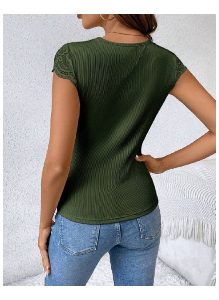 Shein - SHEIN Frenchy Women's Lace Patchwork Work Shirts,Seashell Edge Work Women Shirts,Work Tops,Textured Sheer Fabric T-Shirt - Image 1