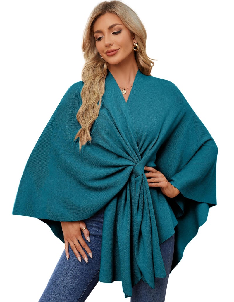 PULI Women's Elegant Shawl Wraps Soft Open Front Poncho Sweater for Spring Fall Winter dark Cyan - Image 1