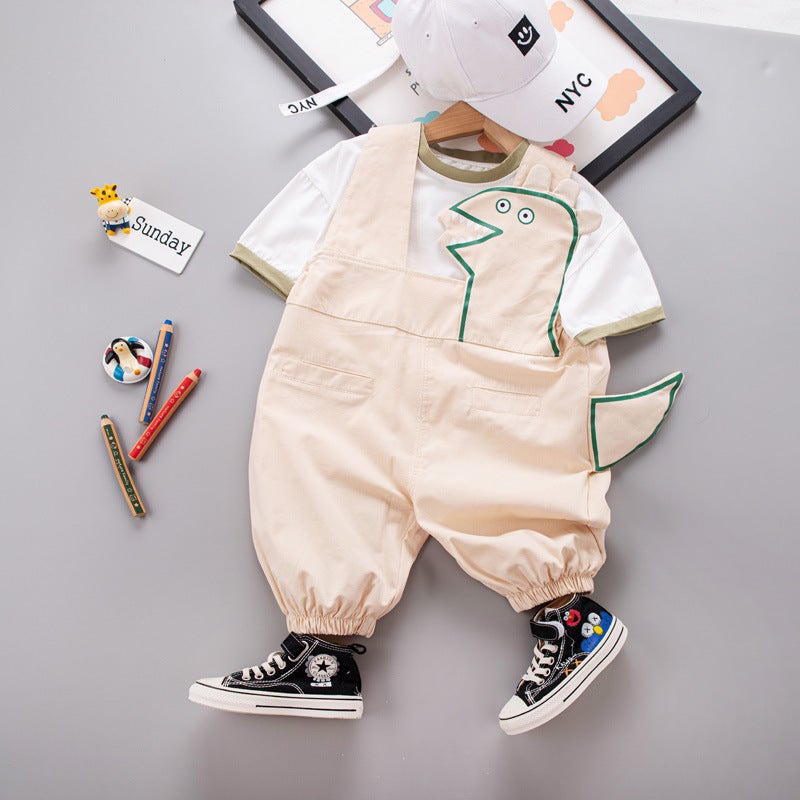 Wu Xiaoqi Children's Clothing 2024 Summer New 0-4 Boys Short-Sleeved Solid Color T-Shirt Cartoon Children's Overalls Two-Piece Set - Image 3