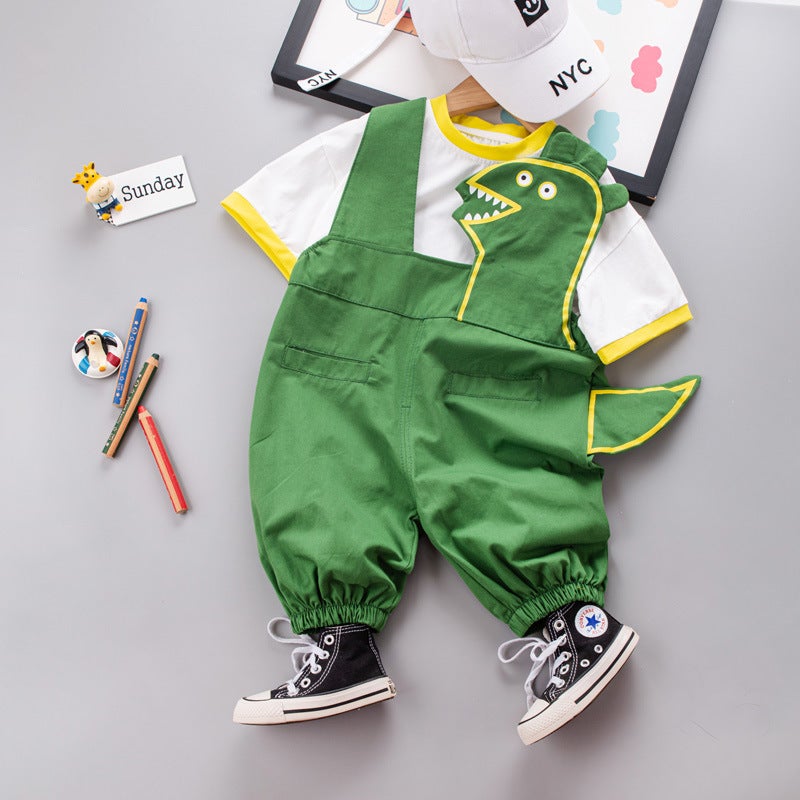 Wu Xiaoqi Children's Clothing 2024 Summer New 0-4 Boys Short-Sleeved Solid Color T-Shirt Cartoon Children's Overalls Two-Piece Set - Image 2