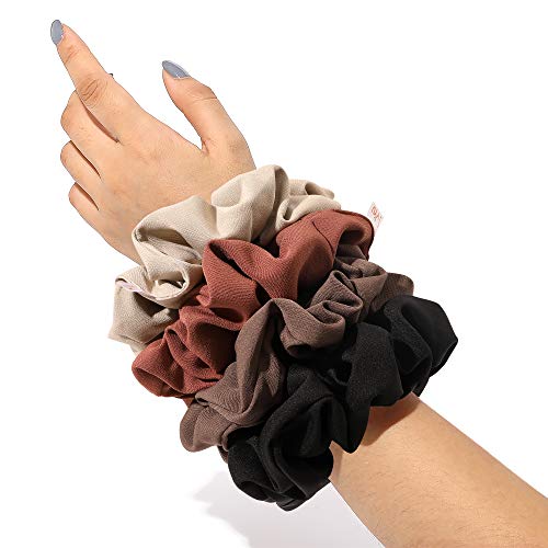 Ivyu Scrunchies Hair Ties, Big Large Scrunchie for Girls Women, Cute Hairties Jumbo Scrunchy For Thick Curl Hair No Crease Hair Accessories Soft Ropes Ponytail Holder, 4 Count, Black, Brown, Beige - Image 1