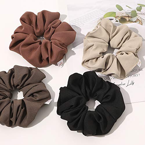 Ivyu Scrunchies Hair Ties, Big Large Scrunchie for Girls Women, Cute Hairties Jumbo Scrunchy For Thick Curl Hair No Crease Hair Accessories Soft Ropes Ponytail Holder, 4 Count, Black, Brown, Beige - Image 2