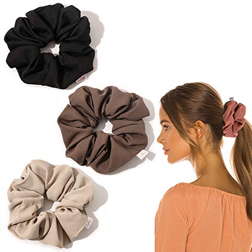 Ivyu Scrunchies Hair Ties, Big Large Scrunchie for Girls Women, Cute Hairties Jumbo Scrunchy For Thick Curl Hair No Crease Hair Accessories Soft Ropes Ponytail Holder, 4 Count, Black, Brown, Beige - Image 3