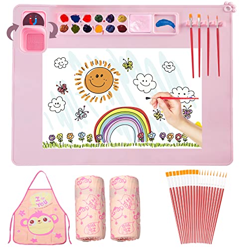 Lymoc Silicone Painting Mat,Painting Stations Kit [1x Apron,1 Pair Oversleeve,20 Pieces Brushes] Craft Silicone Mats 21"X17" with Detachable Cup for Kids Gift,Paint, Clay, DIY Projects - Image 1