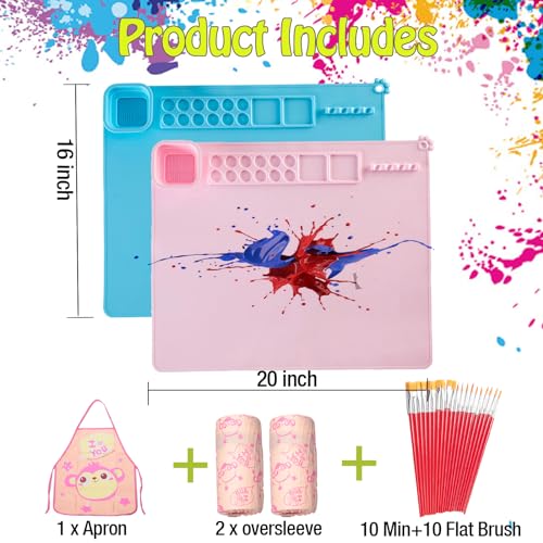 Lymoc Silicone Painting Mat,Painting Stations Kit [1x Apron,1 Pair Oversleeve,20 Pieces Brushes] Craft Silicone Mats 21"X17" with Detachable Cup for Kids Gift,Paint, Clay, DIY Projects - Image 3