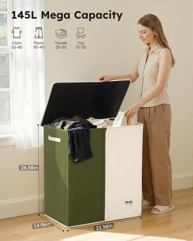 SOLEDI 145L Laundry Basket, Laundry Hamper, 2 Compartments with Lid and 2 Laundry Bags, Laundry Sorter Large XXXL for Bathroom, Bedroom, Laundry Room, Children's Room, 2 x 72.5 L, Green + Beige - Image 2